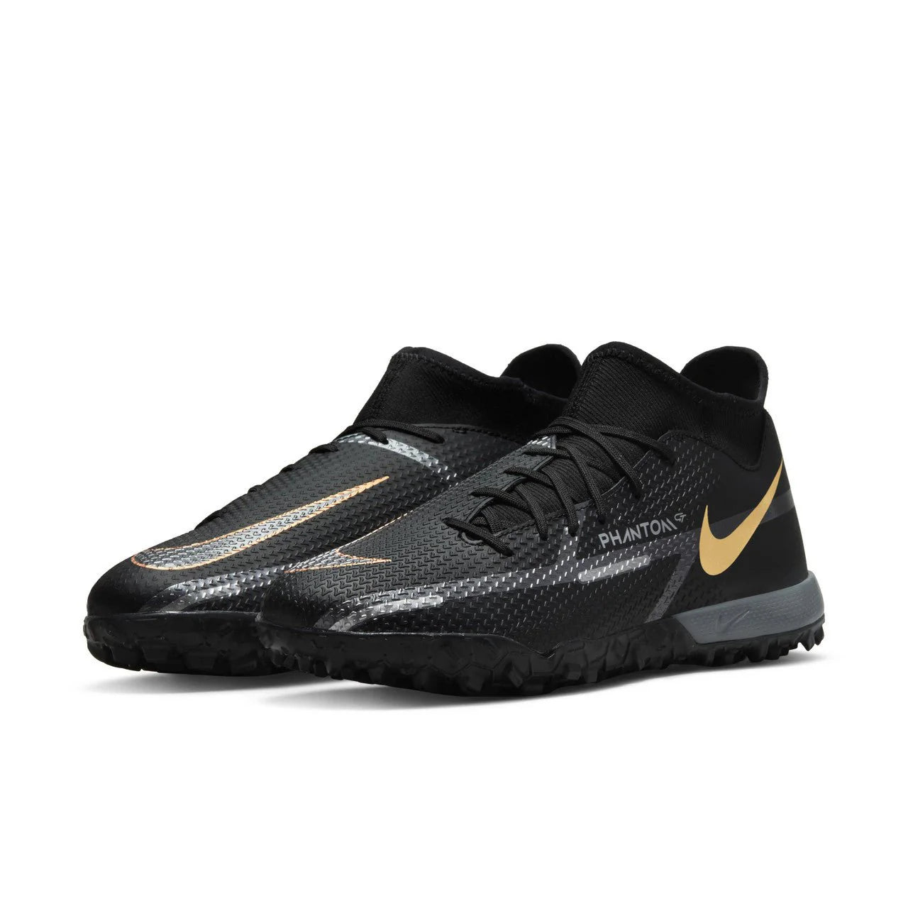 Nike Phantom GT2 Academy DF TF Turf Soccer Cleats Black Metallic Dark Grey Metallic Gold