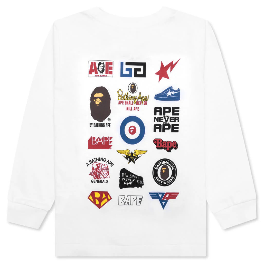 Kids Multi Logo L S Tee White